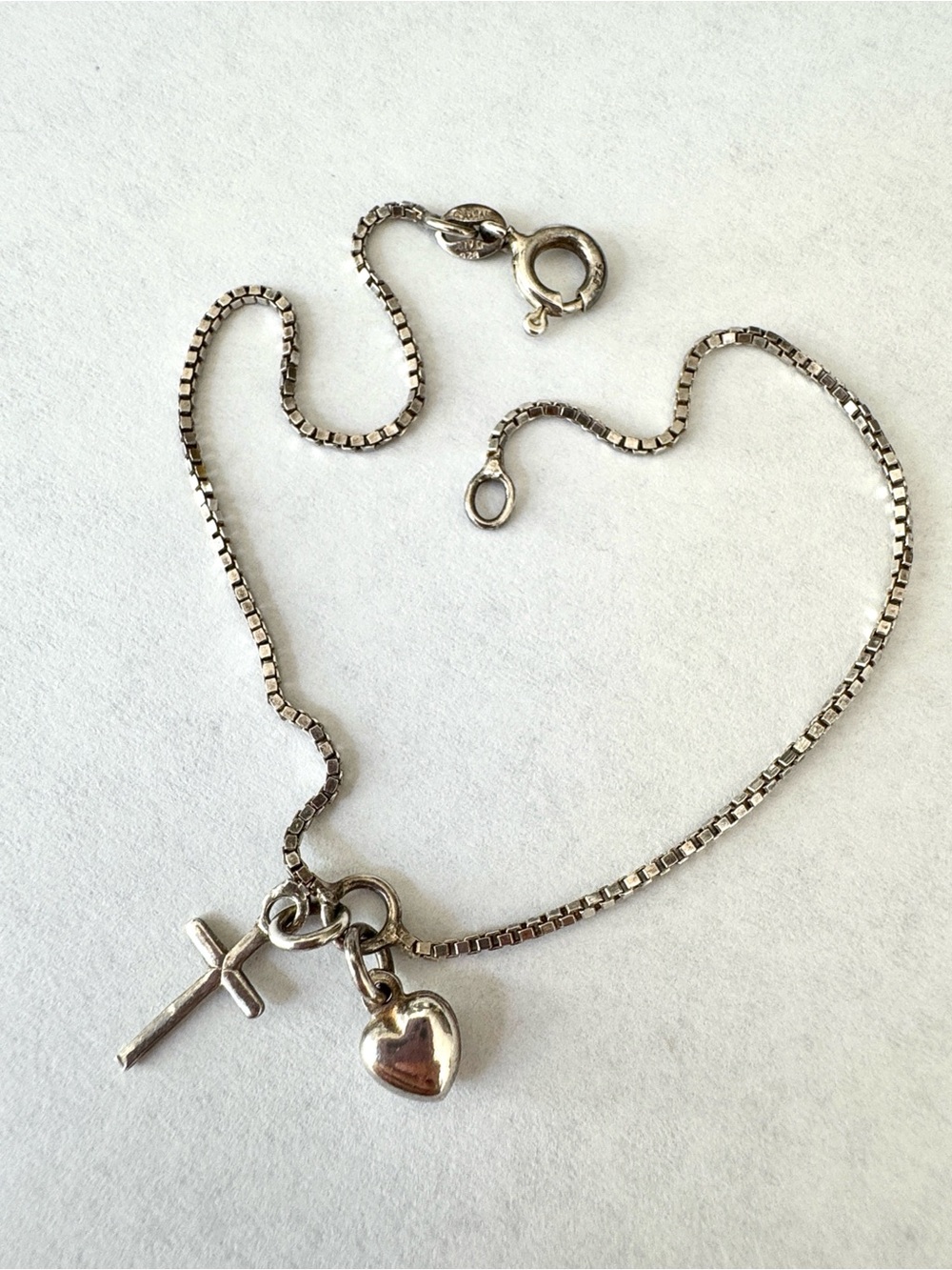 Vintage Italy 925 sterling silver cross and heart charm ankle bracelet